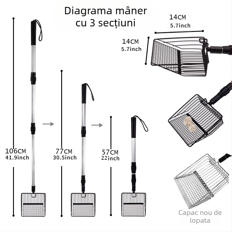Lingură metalică pentru nisip de pisică, cu mâner extensibil, rază lungă pentru curățarea cotei de găini și plajei
