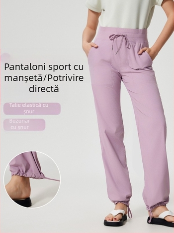 Pantaloni de alergare outdoor pentru femei, uscați rapid, croială lejeră, talie medie cu șnur, țesătură din amestec de bumbac cu 95% nylon, pentru toate anotimpurile