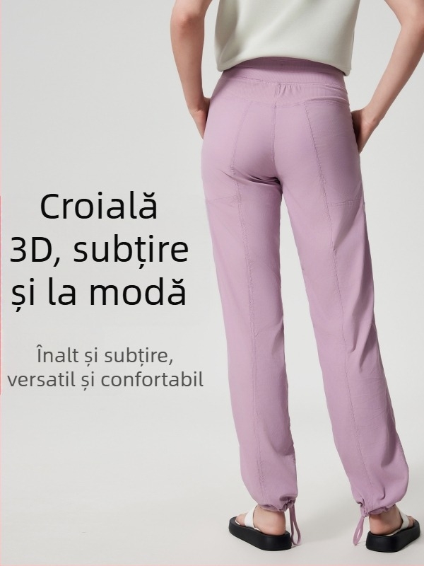 Pantaloni de alergare outdoor pentru femei, uscați rapid, croială lejeră, talie medie cu șnur, țesătură din amestec de bumbac cu 95% nylon, pentru toate anotimpurile