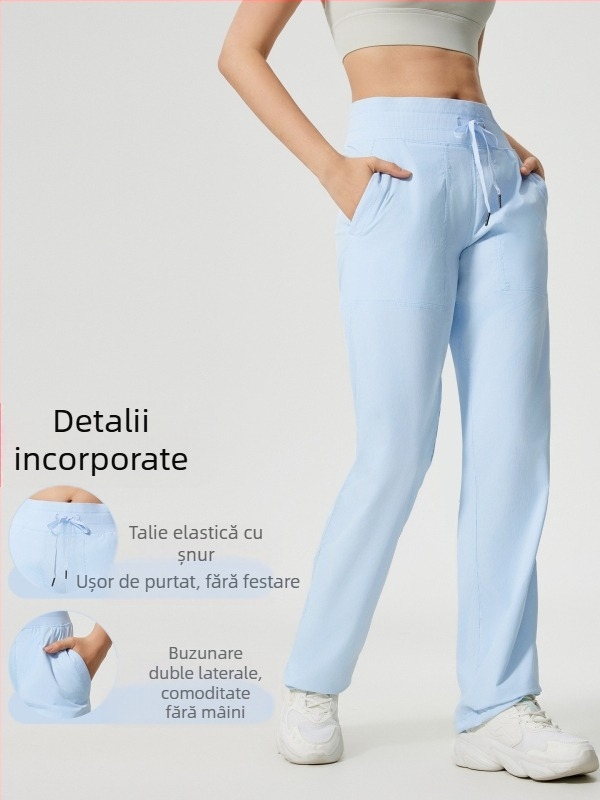 Pantaloni de alergare outdoor pentru femei, uscați rapid, croială lejeră, talie medie cu șnur, țesătură din amestec de bumbac cu 95% nylon, pentru toate anotimpurile