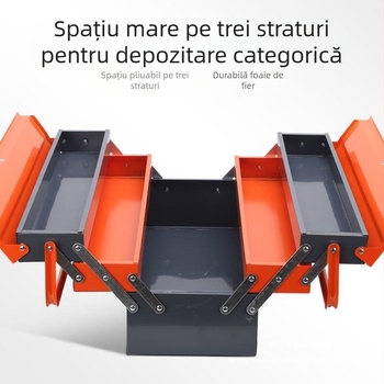 Cutie metalică pentru unelte, trei niveluri, cu închidere magnetică, material microfibră + lemn, model universal pentru depozitare în gospodărie