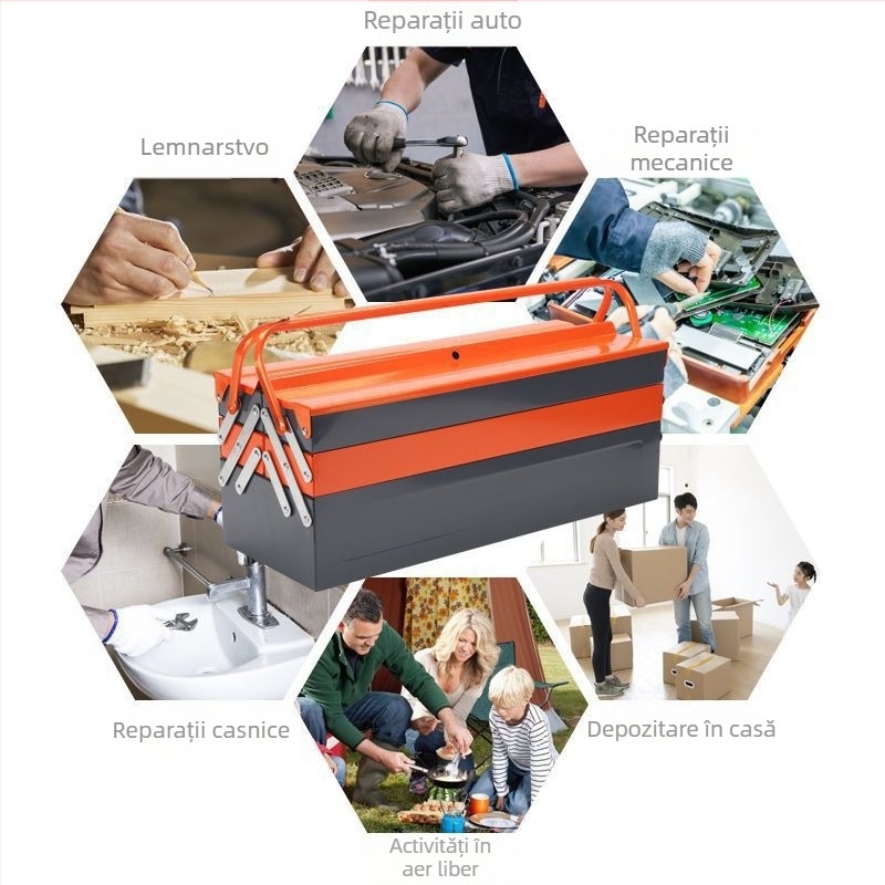 Cutie metalică pentru unelte, trei niveluri, cu închidere magnetică, material microfibră + lemn, model universal pentru depozitare în gospodărie