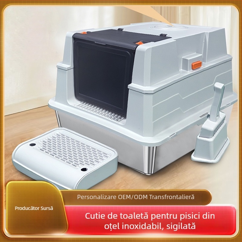Cutie pentru nisip de pisică - complet închisă, anti-stropire, demontabilă, ușor de curățat, oțel inoxidabil + ABS