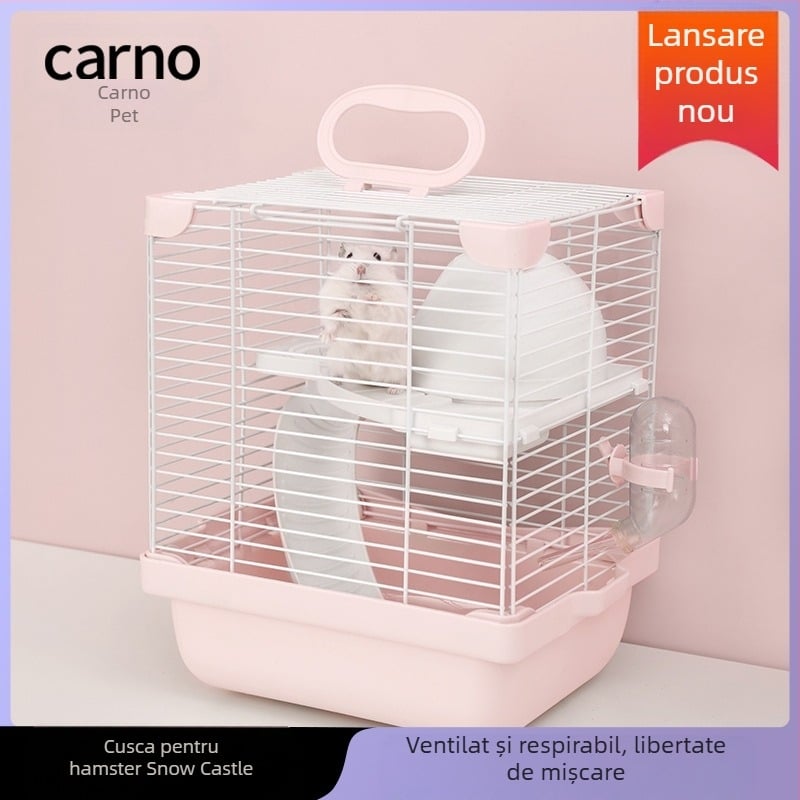 Cușcă pentru hamster cu design cu două niveluri și platformă în două etaje, stil castel de zăpadă, construcție din plastic și sârmă metalică, pentru utilizare pe tot parcursul anului