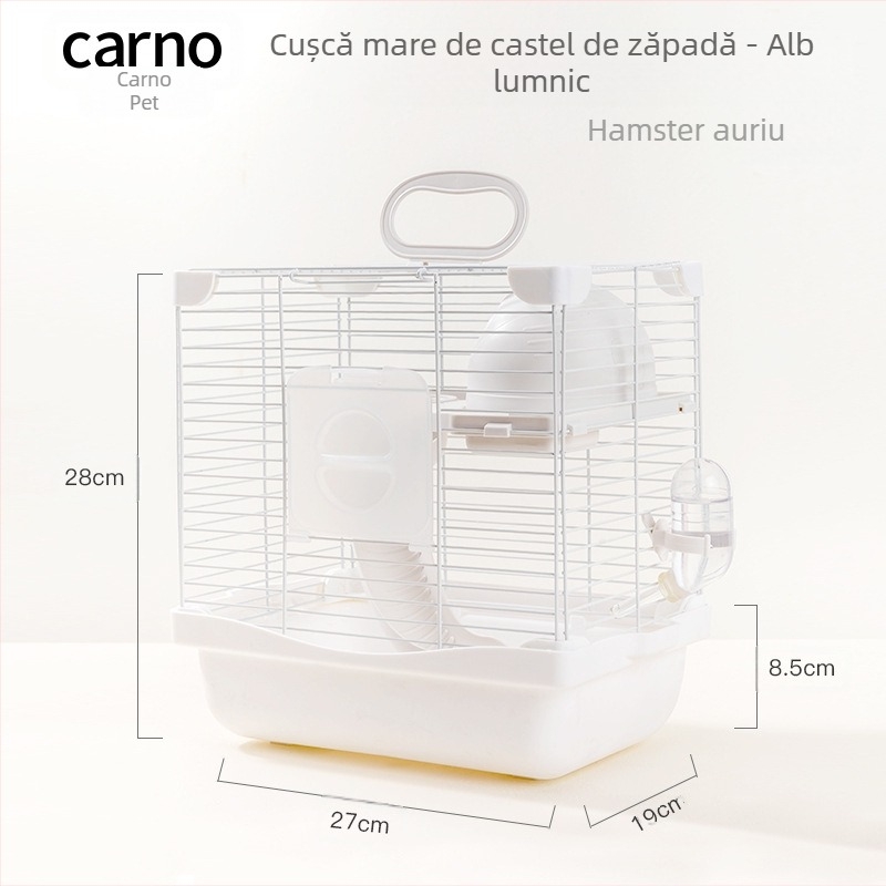 Cușcă pentru hamster cu design cu două niveluri și platformă în două etaje, stil castel de zăpadă, construcție din plastic și sârmă metalică, pentru utilizare pe tot parcursul anului