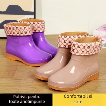 Ghete de ploaie pentru femei cu căptușeală din fleece, gleznă joasă, partea superioară din plastic, impermeabile și antiaderente (primăvară și toamnă)