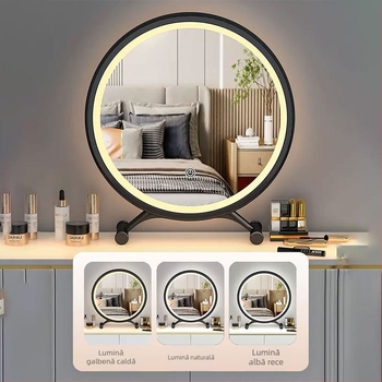 Oglindă de machiaj de birou cu iluminare, ramă PU/PS/PVC; suprafață oglindă; potrivită pentru living, dormitor sau baie; cadou ideal pentru nuntă, zi de naștere sau sărbători.