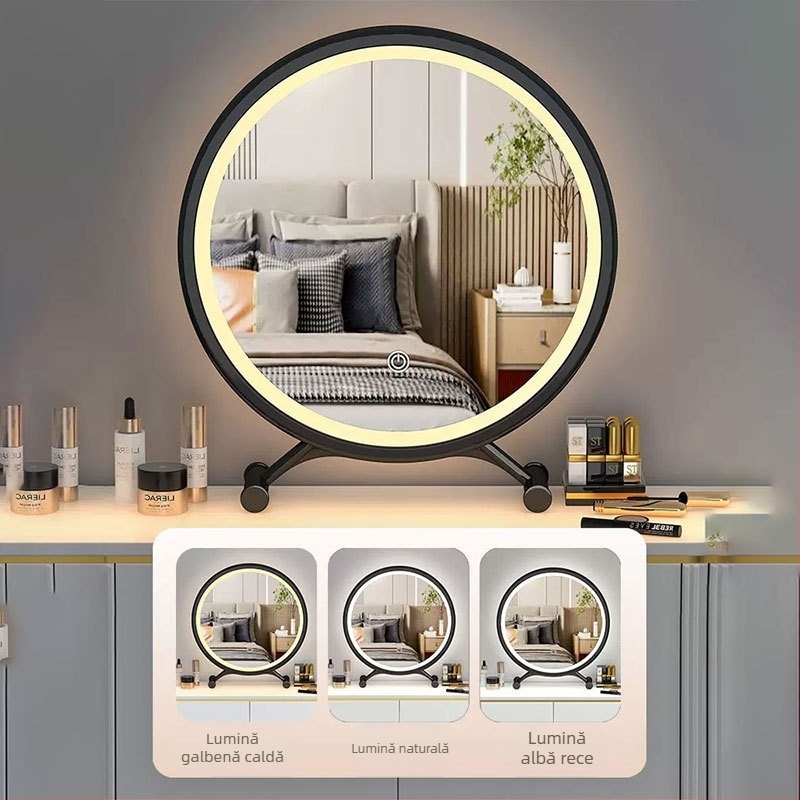 Oglindă de machiaj de birou cu iluminare, ramă PU/PS/PVC; suprafață oglindă; potrivită pentru living, dormitor sau baie; cadou ideal pentru nuntă, zi de naștere sau sărbători.