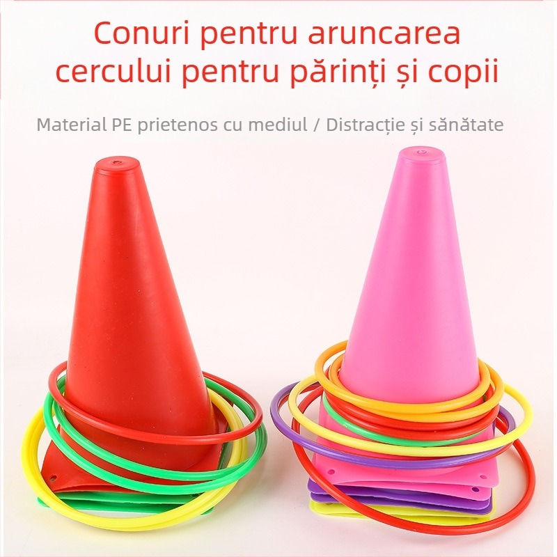 Joc în aer liber cu cercuri din plastic, cu găleată obstacol; dezvoltă coordonarea mână-ochi, pentru copii 7–14 ani.