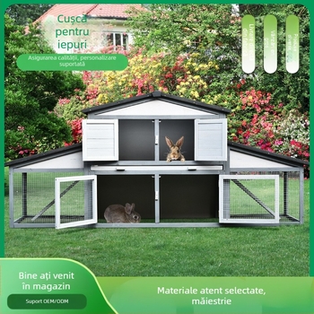 Cușcă dublu nivel din lemn pentru iepuri, cu cuib și cabină