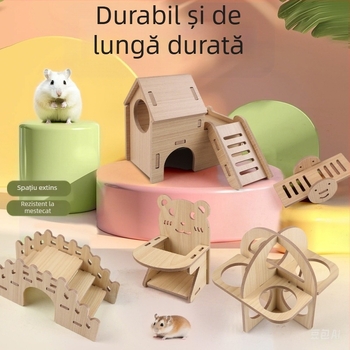 Casă de hamster din lemn cu cuib pentru dormit și vilă cu două etaje — lemn masiv, Pet taro