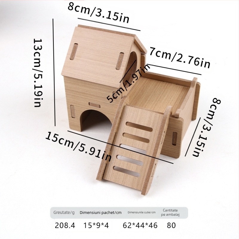 Casă de hamster din lemn cu cuib pentru dormit și vilă cu două etaje — lemn masiv, Pet taro