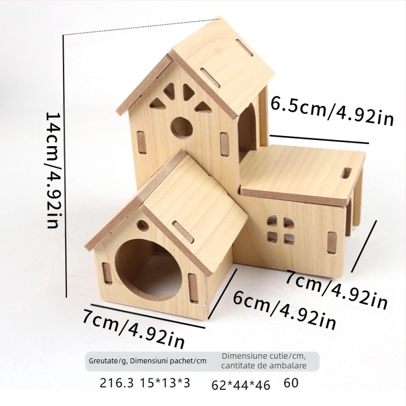 Casă de hamster din lemn cu cuib pentru dormit și vilă cu două etaje — lemn masiv, Pet taro