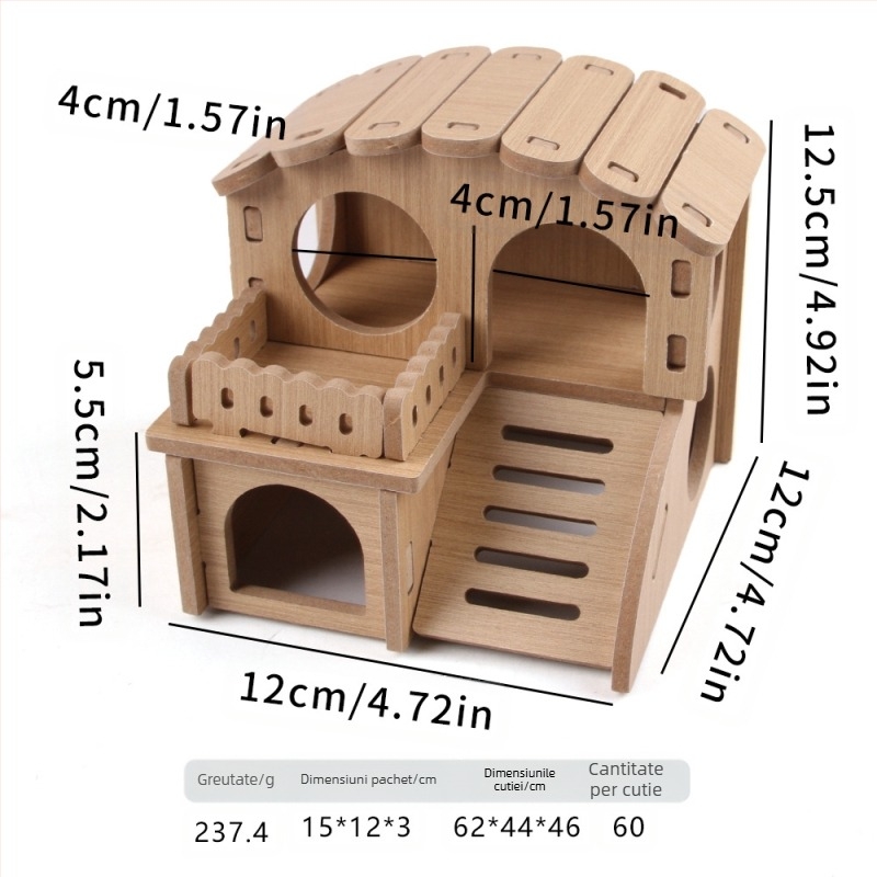 Casă de hamster din lemn cu cuib pentru dormit și vilă cu două etaje — lemn masiv, Pet taro