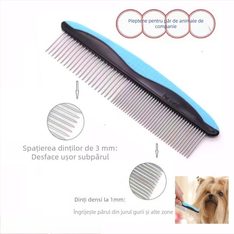 Pieptene drept pentru feline și câini — elimină părul liber; materiale: TRP, plastic, oțel inoxidabil; marcă Domestic