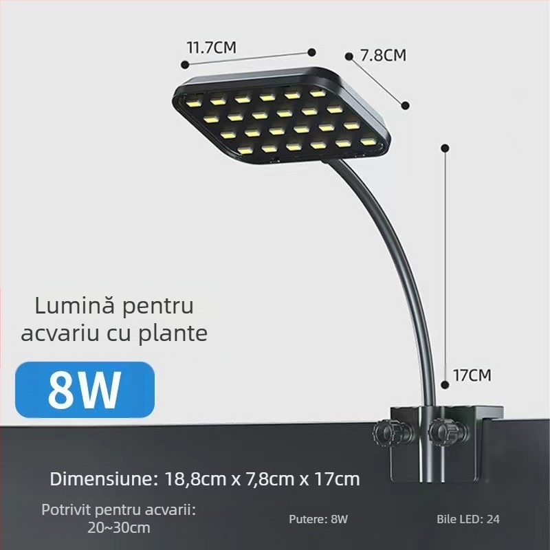 Lampă clip pentru plante acvariu, corp din plastic, putere 8W–13W, greutate 0,5 kg