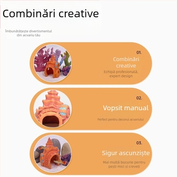 Decor de acvariu din rășină Castel scoică pentru pești și creveți, cu găuri de reproducere și adăposturi