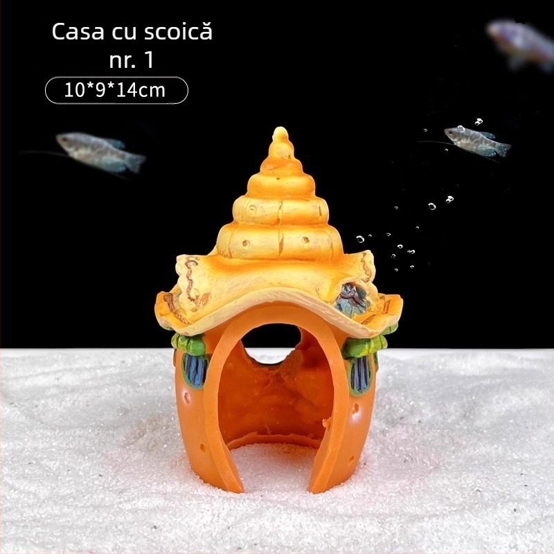 Decor de acvariu din rășină Castel scoică pentru pești și creveți, cu găuri de reproducere și adăposturi