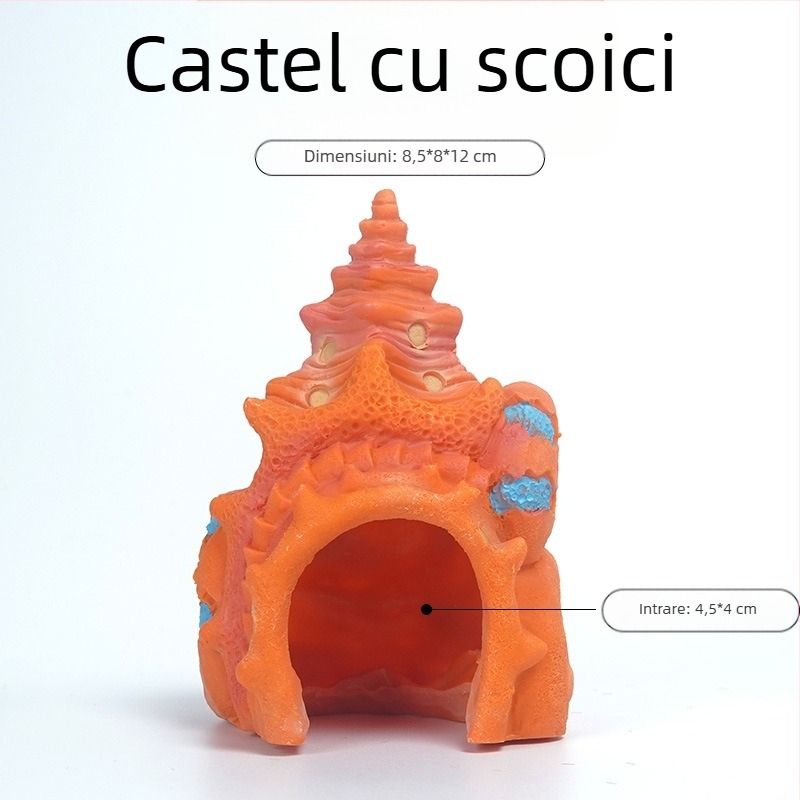 Decor de acvariu din rășină Castel scoică pentru pești și creveți, cu găuri de reproducere și adăposturi