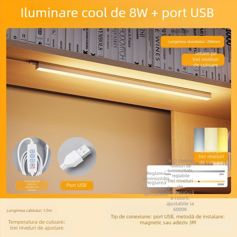Lampă de birou cu bandă LED pentru cămin, suport USB magnetic, protecția ochilor, alimentare 220V