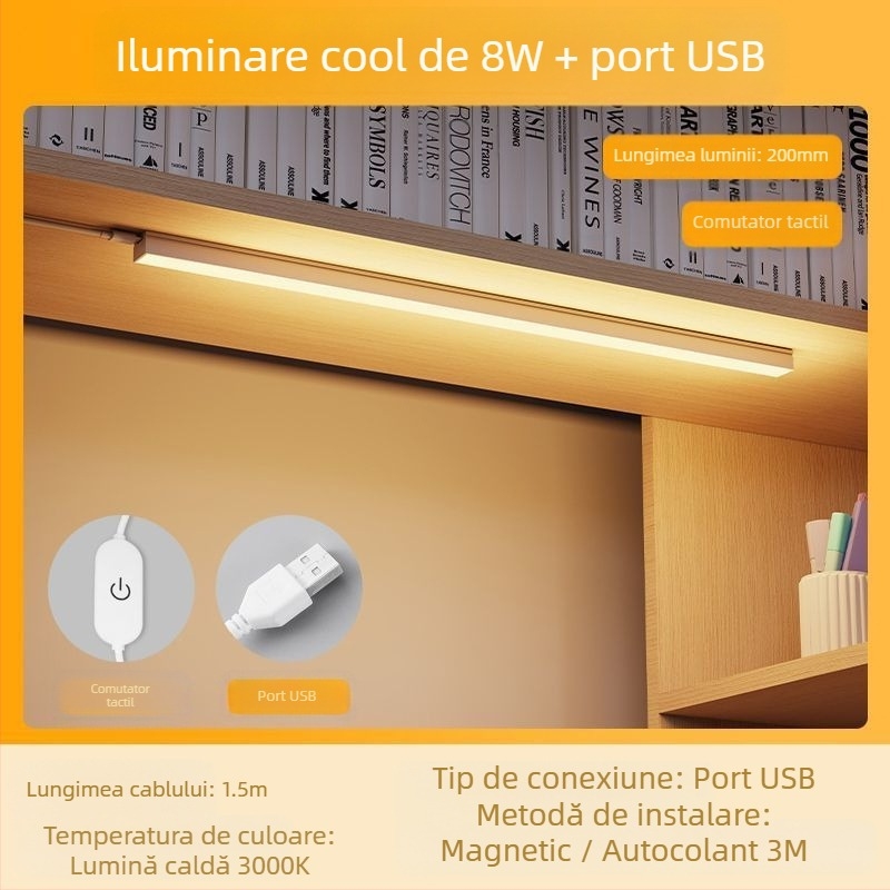 Lampă de birou cu bandă LED pentru cămin, suport USB magnetic, protecția ochilor, alimentare 220V