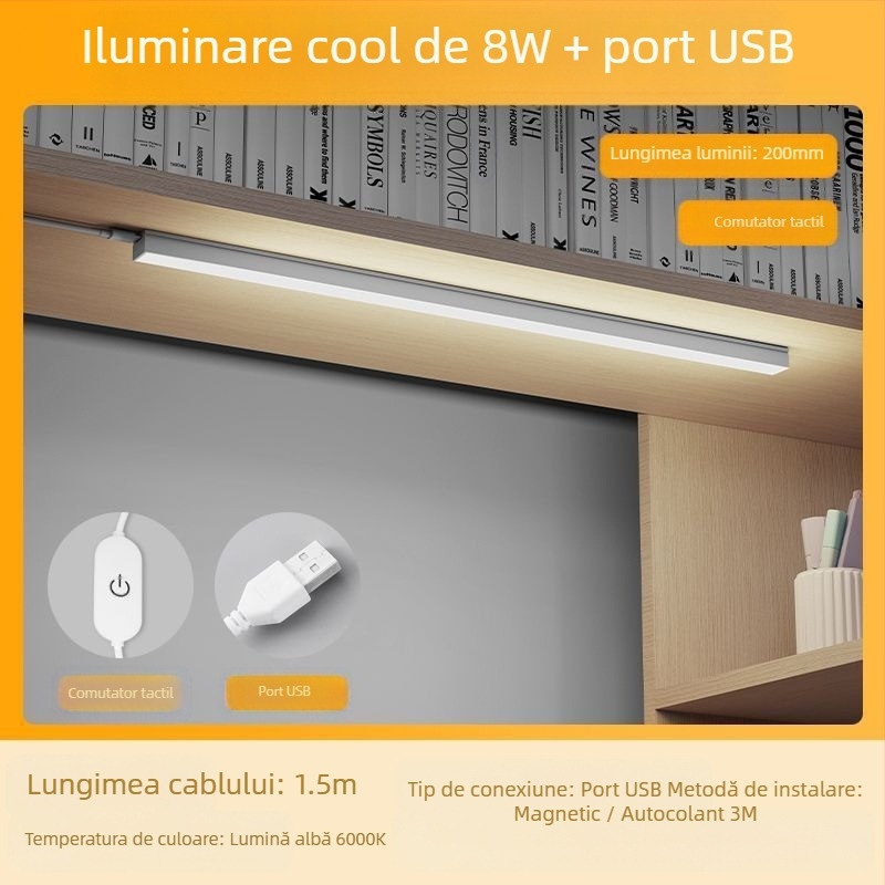 Lampă de birou cu bandă LED pentru cămin, suport USB magnetic, protecția ochilor, alimentare 220V