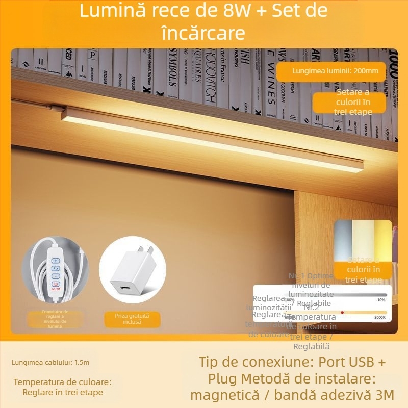 Lampă de birou cu bandă LED pentru cămin, suport USB magnetic, protecția ochilor, alimentare 220V