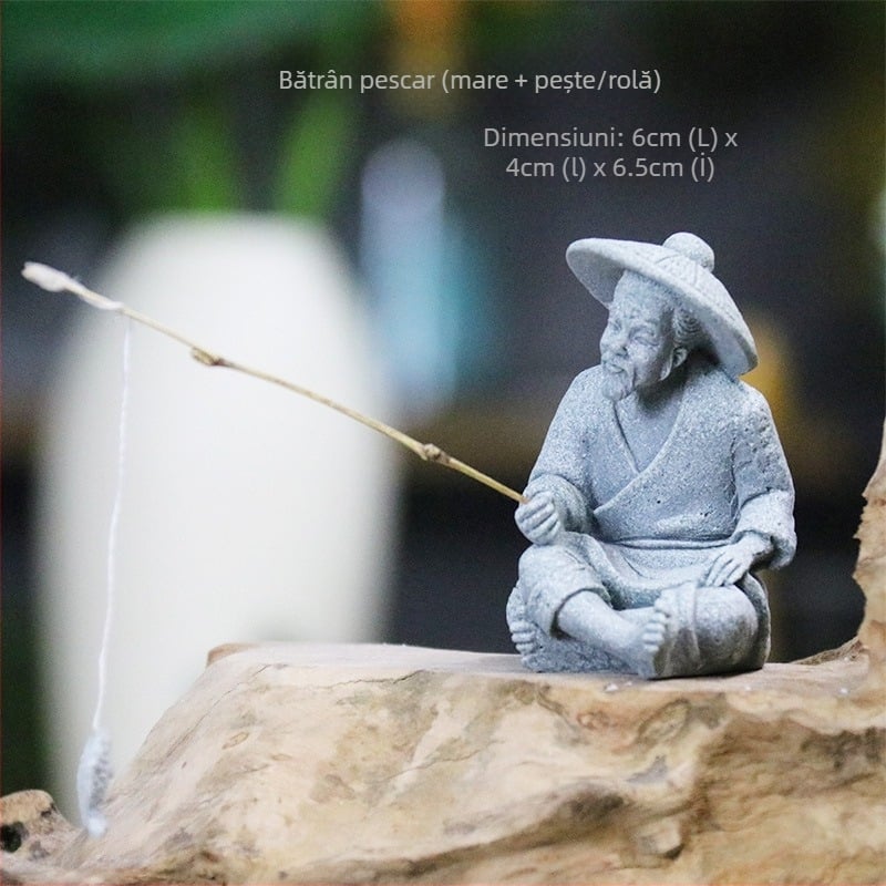 Figurina pescar pentru grădină – piatră de nisip, stil chinezesc, decor peisaj Bonsai, producție semi-artizanală și semi-mechanică, suprafață sablată cu nisip