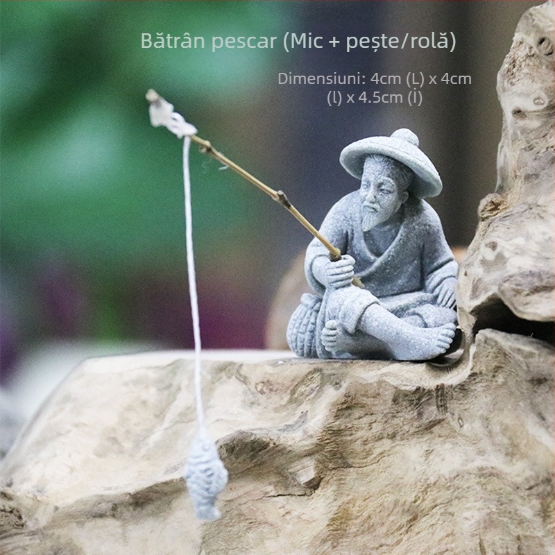 Figurina pescar pentru grădină – piatră de nisip, stil chinezesc, decor peisaj Bonsai, producție semi-artizanală și semi-mechanică, suprafață sablată cu nisip