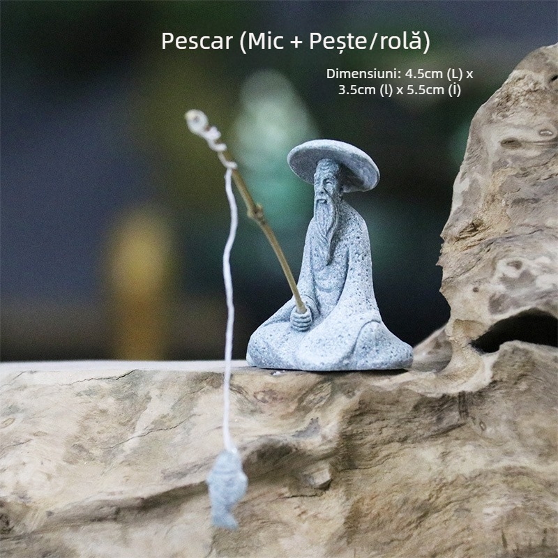 Figurina pescar pentru grădină – piatră de nisip, stil chinezesc, decor peisaj Bonsai, producție semi-artizanală și semi-mechanică, suprafață sablată cu nisip