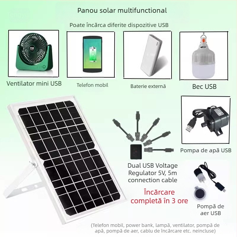 Panou solar de încărcare exterior cu USB dublu, ieșire reglabilă 5V/12V DC pentru stocare energie