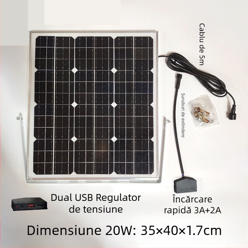 Panou solar de încărcare exterior cu USB dublu, ieșire reglabilă 5V/12V DC pentru stocare energie