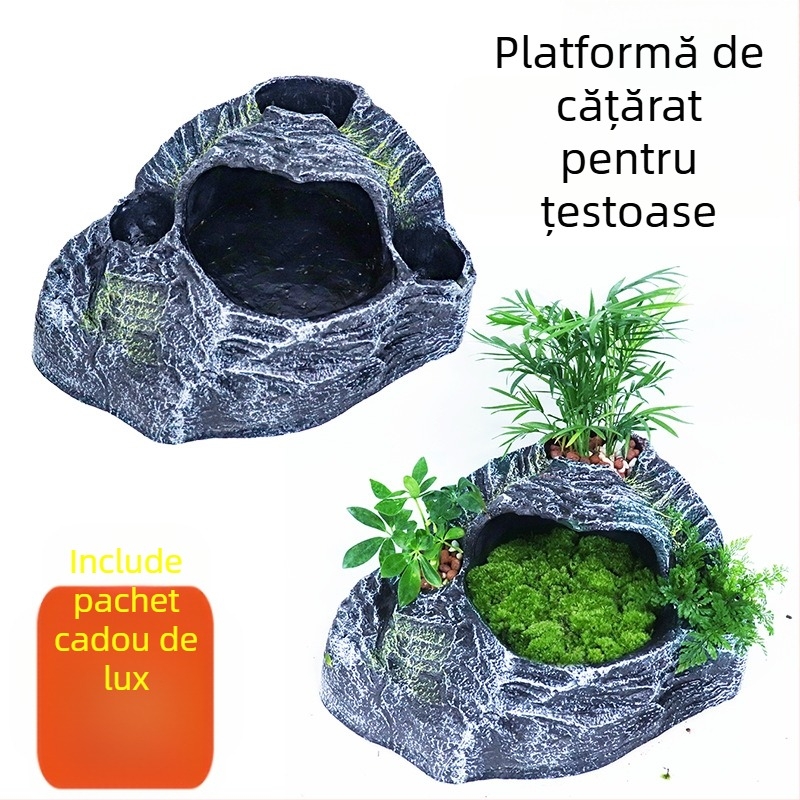 Acvariu mare pentru țestoase din rășină, cu decor peisaj, platformă pentru expunere la soare, scară de cățărare și peșteră ascunzătoare pentru țestoasele braziliene