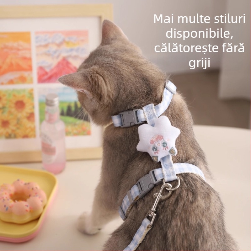 Lesă de plimbare pentru pisici - fără retractare, hamă piept reglabilă, șnur din nailon cu încuietori din aliaj și ABS