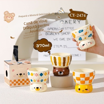Bol ceramic pentru pisici, cu suport înalt, pentru apă și mâncare, formă rotundă, imprimeu desen animat, compatibil cu microunde
