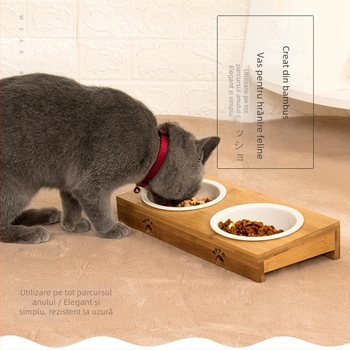Vas ceramic dublu pentru animale de companie, cu cadru din bambus – ușor de curățat, vas pentru mâncare și apă pentru pisici și câini
