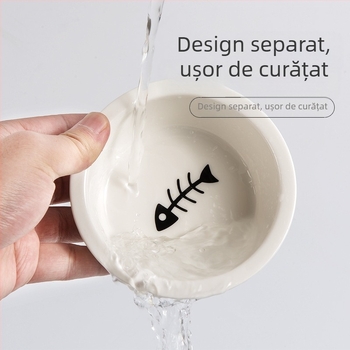 Vas ceramic dublu pentru animale de companie, cu cadru din bambus – ușor de curățat, vas pentru mâncare și apă pentru pisici și câini