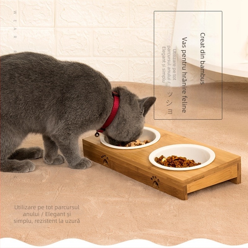 Vas ceramic dublu pentru animale de companie, cu cadru din bambus – ușor de curățat, vas pentru mâncare și apă pentru pisici și câini