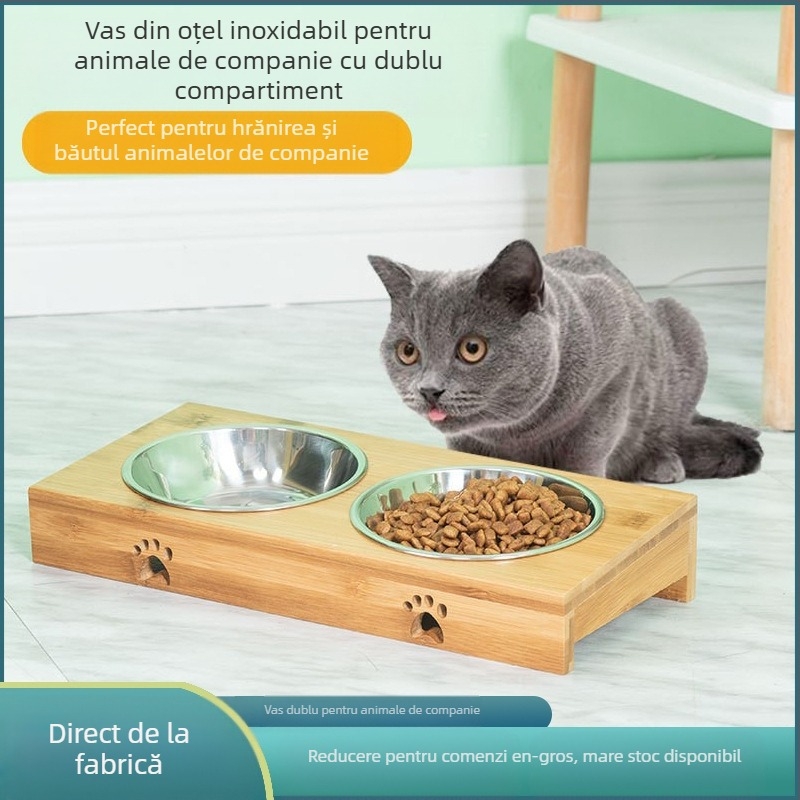 Vas ceramic dublu pentru animale de companie, cu cadru din bambus – ușor de curățat, vas pentru mâncare și apă pentru pisici și câini
