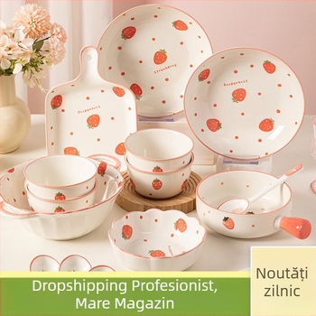 Set ceramic pentru o persoană - bol rotund, farfurie, bețișoare și lingură, model cu puncte în valuri, stil proaspăt, compatibil cu microunde