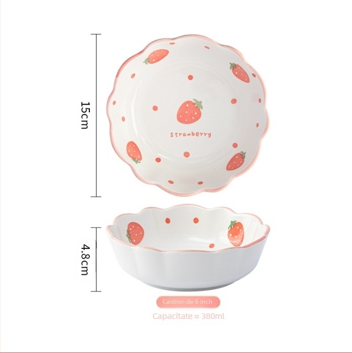 Set ceramic pentru o persoană - bol rotund, farfurie, bețișoare și lingură, model cu puncte în valuri, stil proaspăt, compatibil cu microunde