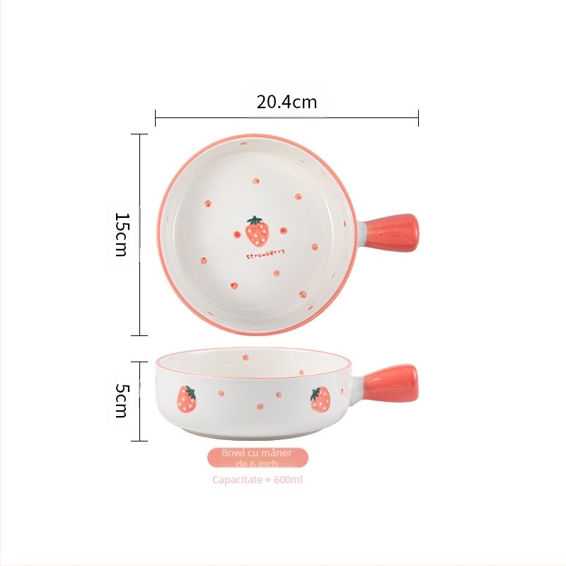 Set ceramic pentru o persoană - bol rotund, farfurie, bețișoare și lingură, model cu puncte în valuri, stil proaspăt, compatibil cu microunde