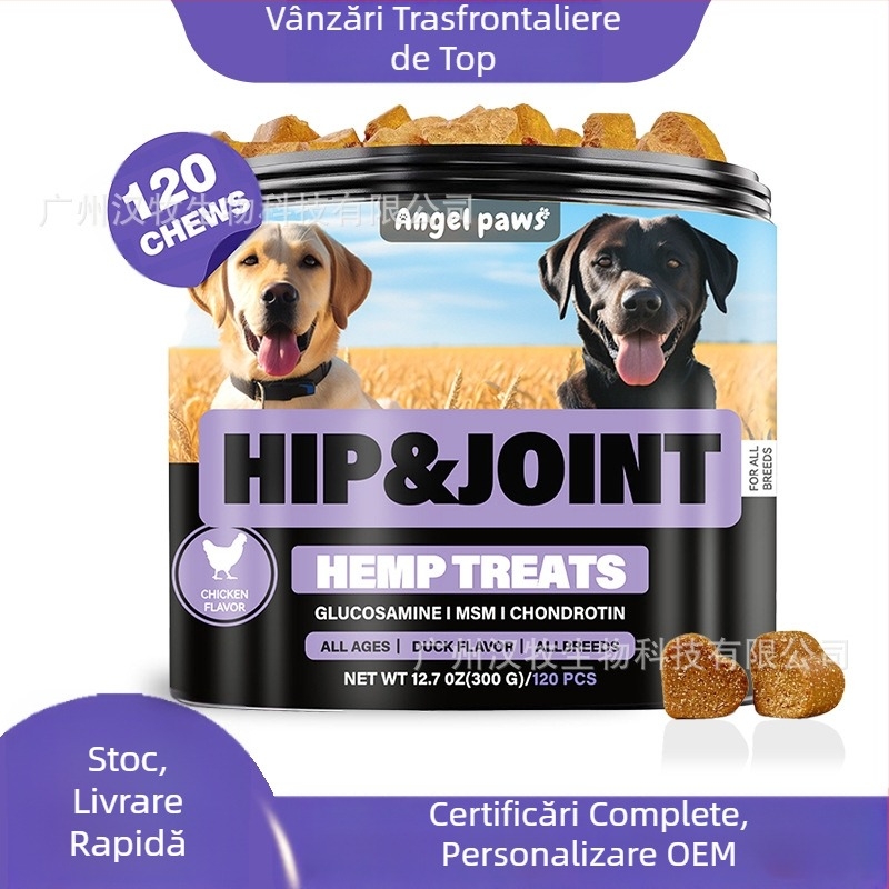 Tablete pentru articulații și șolduri pentru câini, de mestecat – Angel Paws, 50 tablete per cutie, 300 g, certificări FDA COA GMP ISO9001 HACCP
