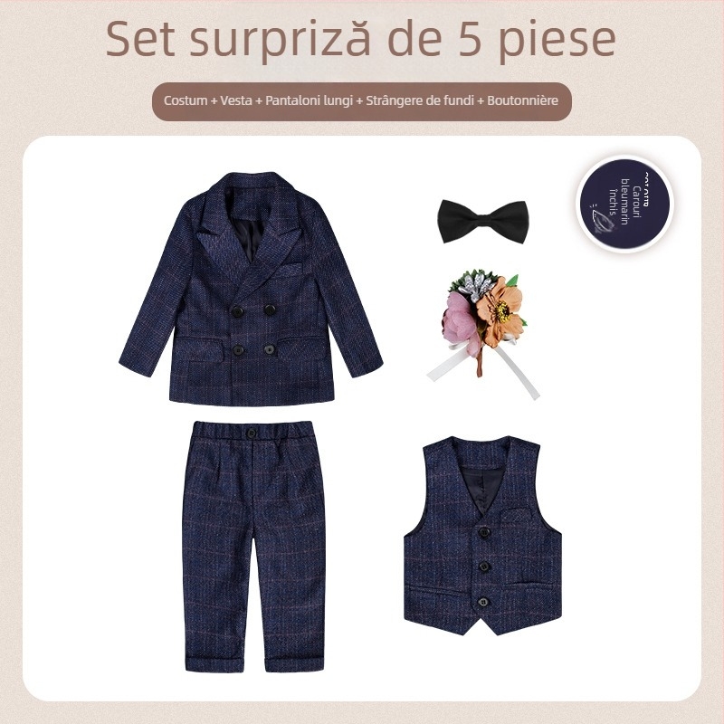 Costum pentru copii din două părți, stil britanic de toamnă, model în carouri, pentru 1–3 ani, guler în V, mâneci lungi, închidere cu nasturi în dublu rând