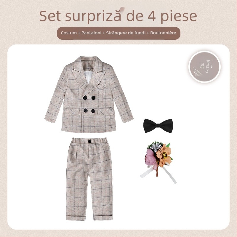 Costum pentru copii din două părți, stil britanic de toamnă, model în carouri, pentru 1–3 ani, guler în V, mâneci lungi, închidere cu nasturi în dublu rând