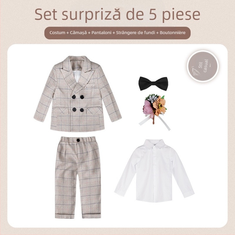 Costum pentru copii din două părți, stil britanic de toamnă, model în carouri, pentru 1–3 ani, guler în V, mâneci lungi, închidere cu nasturi în dublu rând