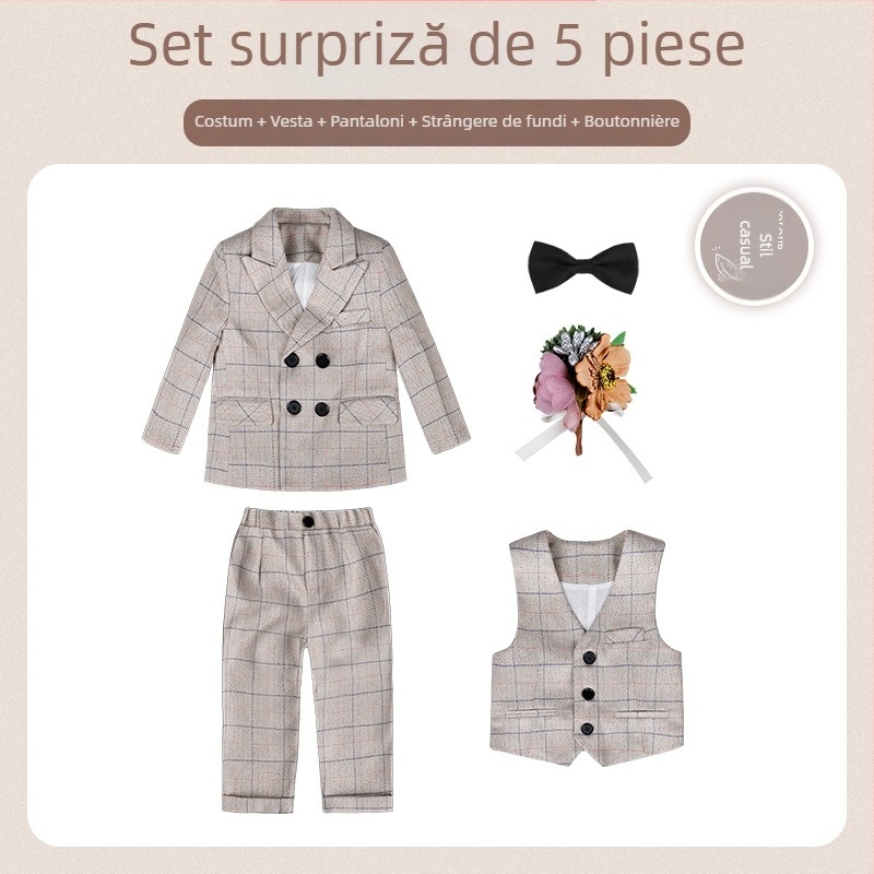 Costum pentru copii din două părți, stil britanic de toamnă, model în carouri, pentru 1–3 ani, guler în V, mâneci lungi, închidere cu nasturi în dublu rând