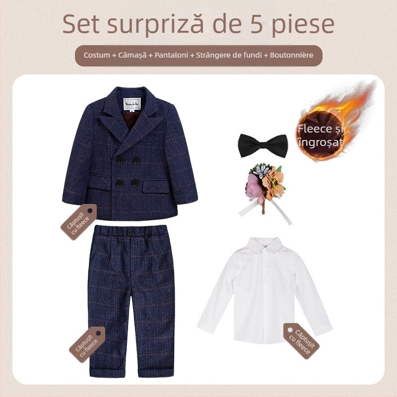 Costum pentru copii din două părți, stil britanic de toamnă, model în carouri, pentru 1–3 ani, guler în V, mâneci lungi, închidere cu nasturi în dublu rând