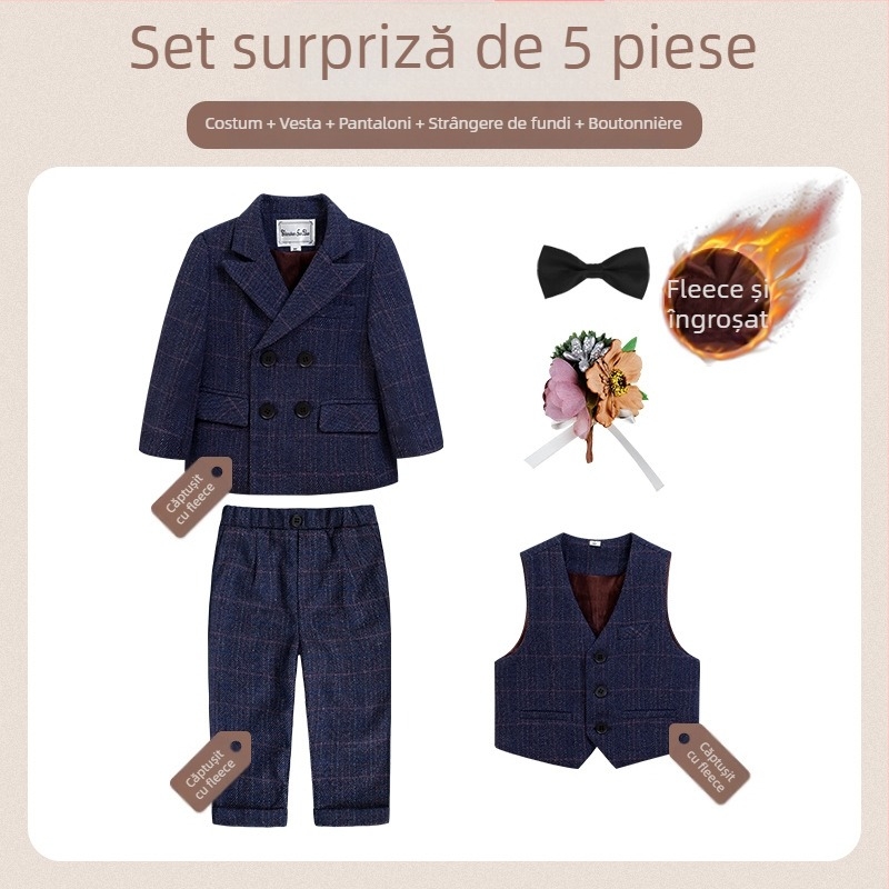 Costum pentru copii din două părți, stil britanic de toamnă, model în carouri, pentru 1–3 ani, guler în V, mâneci lungi, închidere cu nasturi în dublu rând