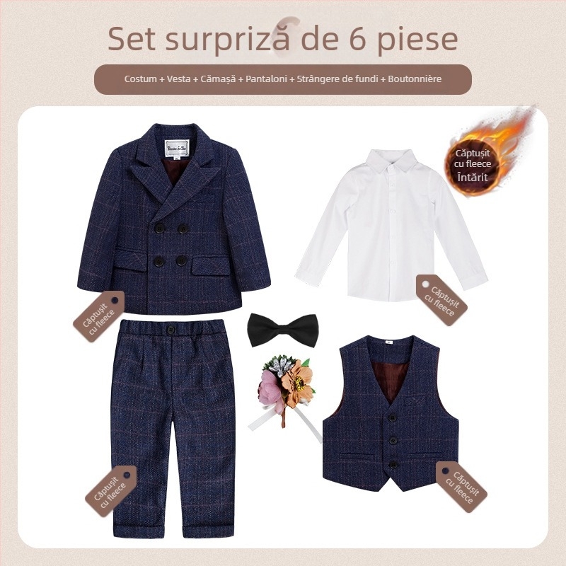 Costum pentru copii din două părți, stil britanic de toamnă, model în carouri, pentru 1–3 ani, guler în V, mâneci lungi, închidere cu nasturi în dublu rând